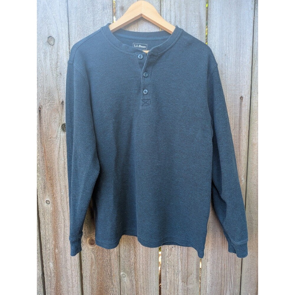 LL Bean Shirt Mens Medium Blue Unshrinkable Mini Waffle Henley Cotton Thermal